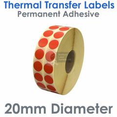 Red labels 20mm diameter round thermal transfer