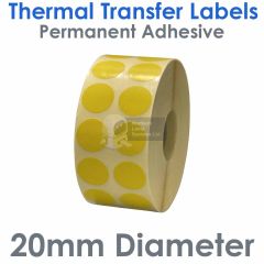 Yellow labels 20mm diameter thermal transfer